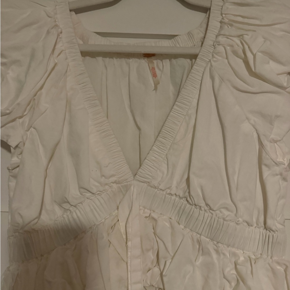 Free People White Ruched Deep V Blouse